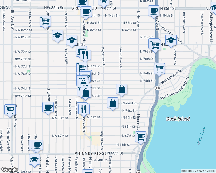 map of restaurants, bars, coffee shops, grocery stores, and more near 512 North 73rd Street in Seattle
