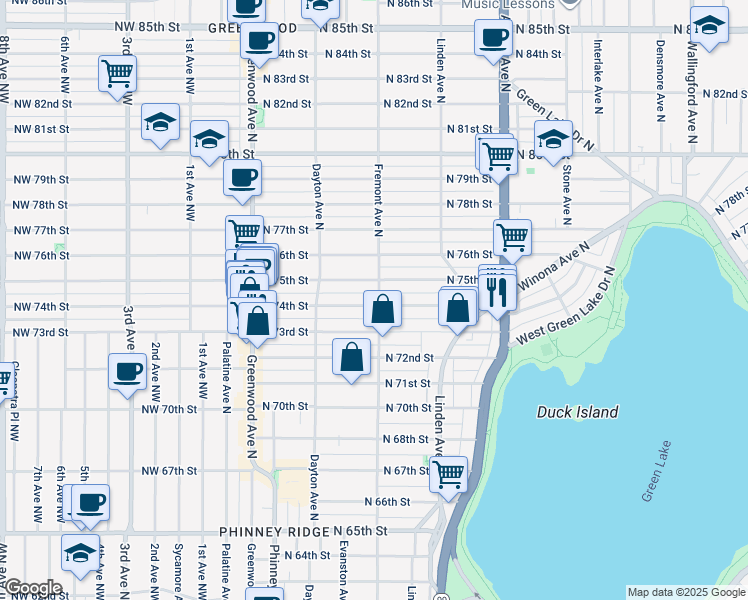 map of restaurants, bars, coffee shops, grocery stores, and more near 7401 Fremont Avenue North in Seattle