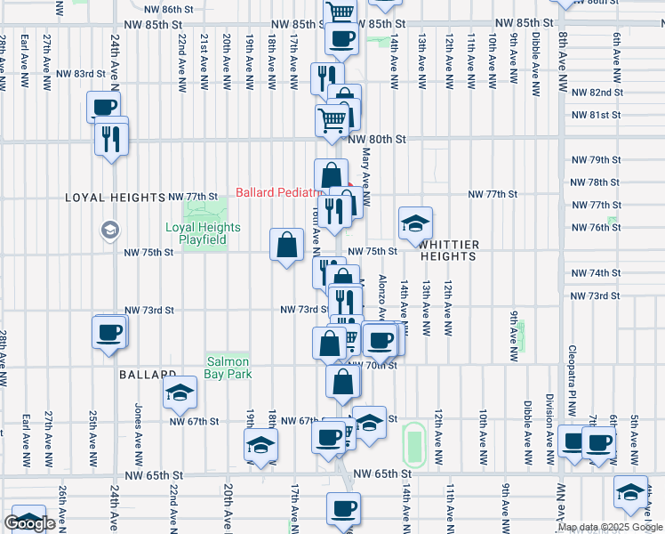 map of restaurants, bars, coffee shops, grocery stores, and more near in Seattle