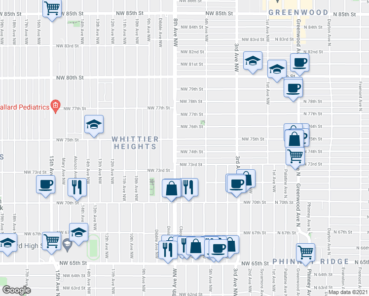 map of restaurants, bars, coffee shops, grocery stores, and more near 718 Northwest 73rd Street in Seattle