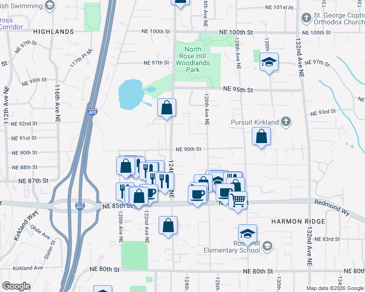 map of restaurants, bars, coffee shops, grocery stores, and more near 12426 Northeast 90th Street in Kirkland