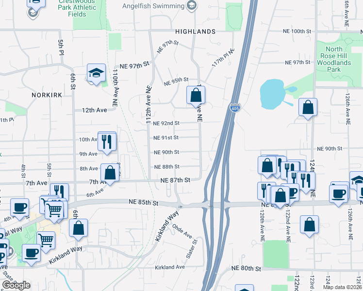 map of restaurants, bars, coffee shops, grocery stores, and more near 11418 Northeast 90th Street in Kirkland