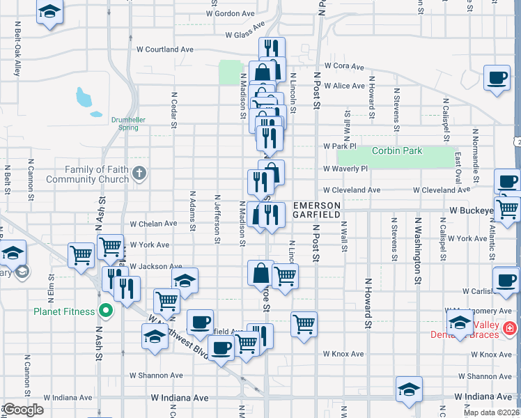 map of restaurants, bars, coffee shops, grocery stores, and more near 1018 West Grace Avenue in Spokane