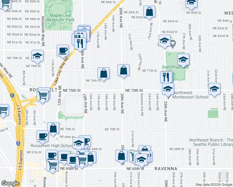 map of restaurants, bars, coffee shops, grocery stores, and more near 7350 19th Avenue Northeast in Seattle