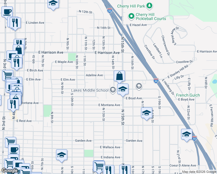 map of restaurants, bars, coffee shops, grocery stores, and more near 1303 East Hastings Avenue in Coeur d'Alene