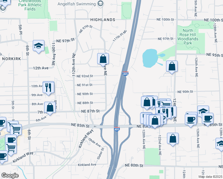 map of restaurants, bars, coffee shops, grocery stores, and more near 9017 Slater Avenue Northeast in Kirkland