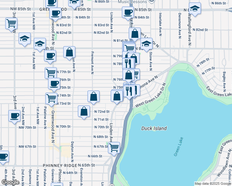 map of restaurants, bars, coffee shops, grocery stores, and more near 7401 Linden Avenue North in Seattle