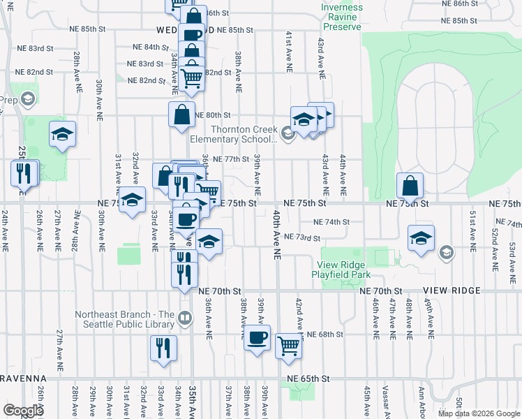 map of restaurants, bars, coffee shops, grocery stores, and more near 7514 39th Avenue Northeast in Seattle