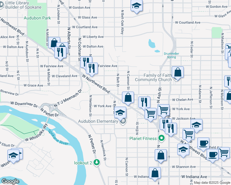 map of restaurants, bars, coffee shops, grocery stores, and more near 2076 West Grace Avenue in Spokane