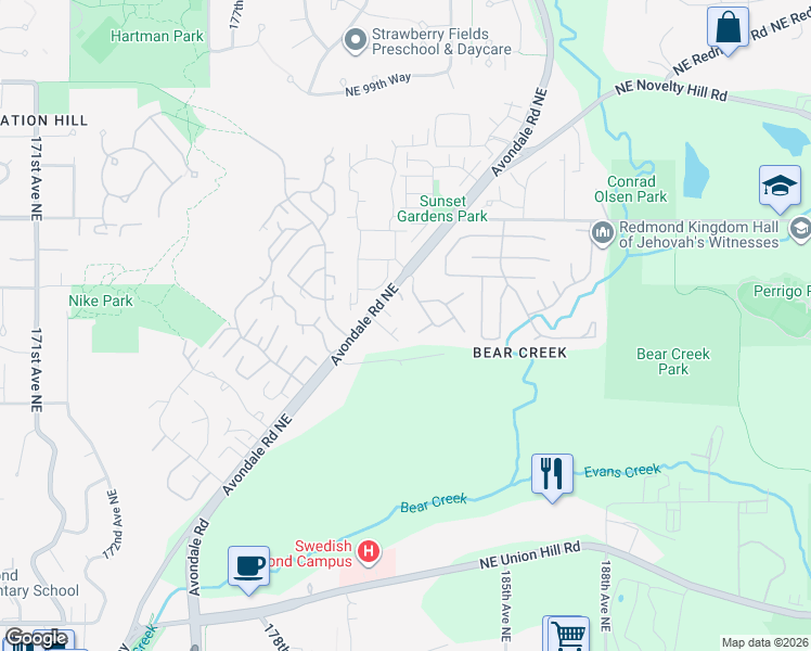 map of restaurants, bars, coffee shops, grocery stores, and more near 18200 Northeast 92nd Street in Redmond