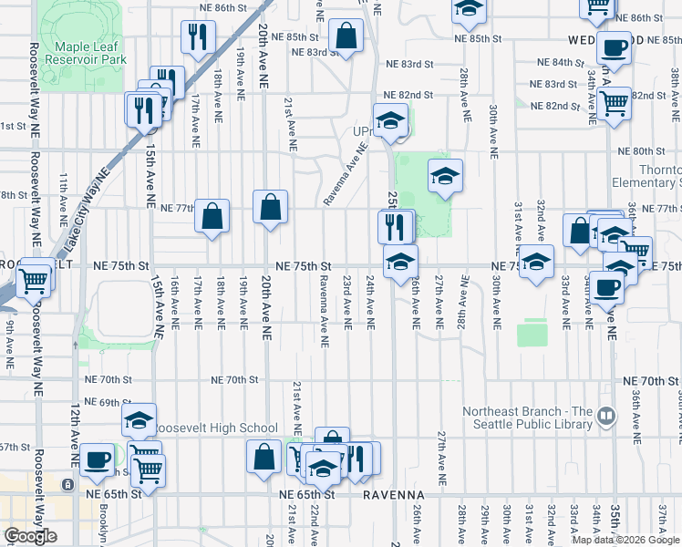 map of restaurants, bars, coffee shops, grocery stores, and more near 7510 23rd Avenue Northeast in Seattle