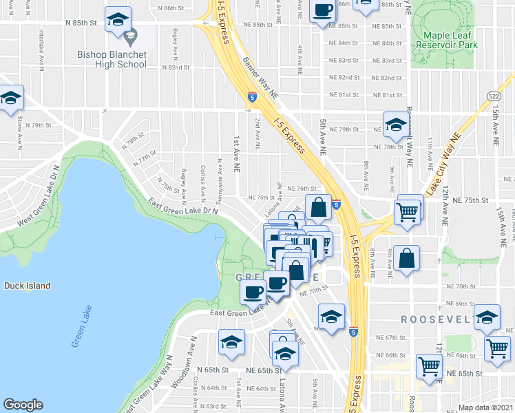 map of restaurants, bars, coffee shops, grocery stores, and more near 7510 2nd Avenue Northeast in Seattle