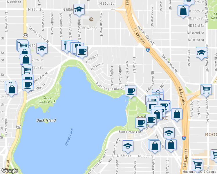 map of restaurants, bars, coffee shops, grocery stores, and more near 7418 Meridian Avenue North in Seattle