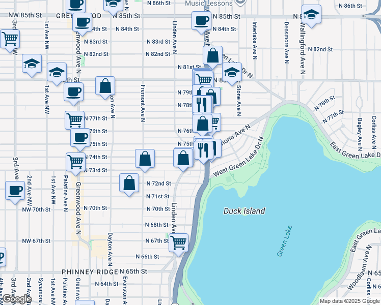 map of restaurants, bars, coffee shops, grocery stores, and more near 906 North 75th Street in Seattle