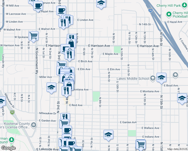 map of restaurants, bars, coffee shops, grocery stores, and more near 966 North 7th Street in Coeur d'Alene