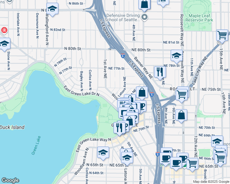 map of restaurants, bars, coffee shops, grocery stores, and more near 7406 2nd Avenue Northeast in Seattle