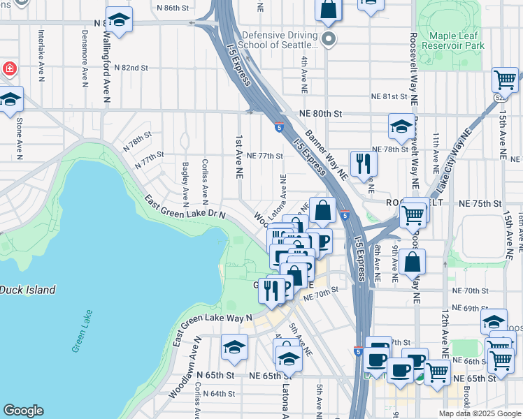map of restaurants, bars, coffee shops, grocery stores, and more near 7510 2nd Avenue Northeast in Seattle