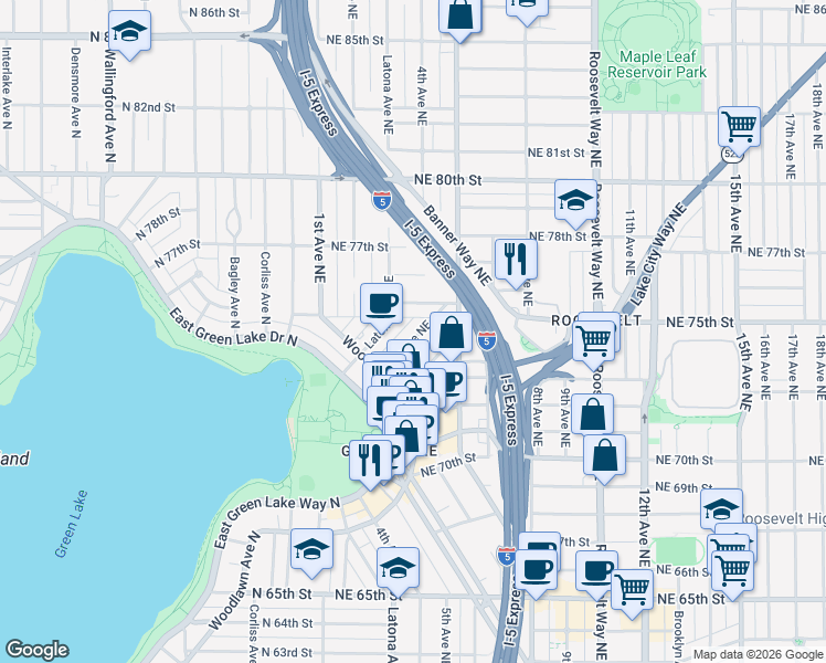 map of restaurants, bars, coffee shops, grocery stores, and more near in Seattle
