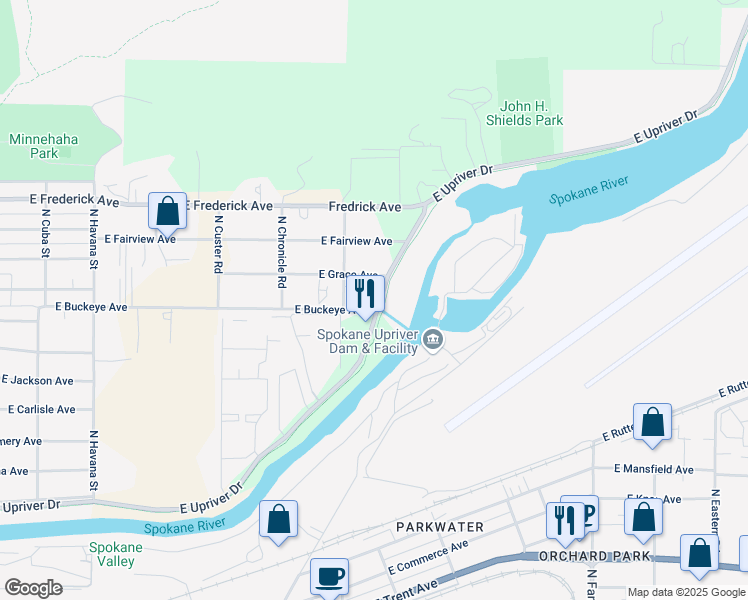 map of restaurants, bars, coffee shops, grocery stores, and more near 5203 East Upriver Drive in Spokane