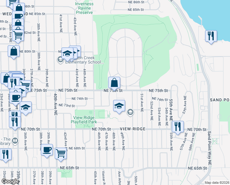 map of restaurants, bars, coffee shops, grocery stores, and more near 7419 48th Avenue Northeast in Seattle