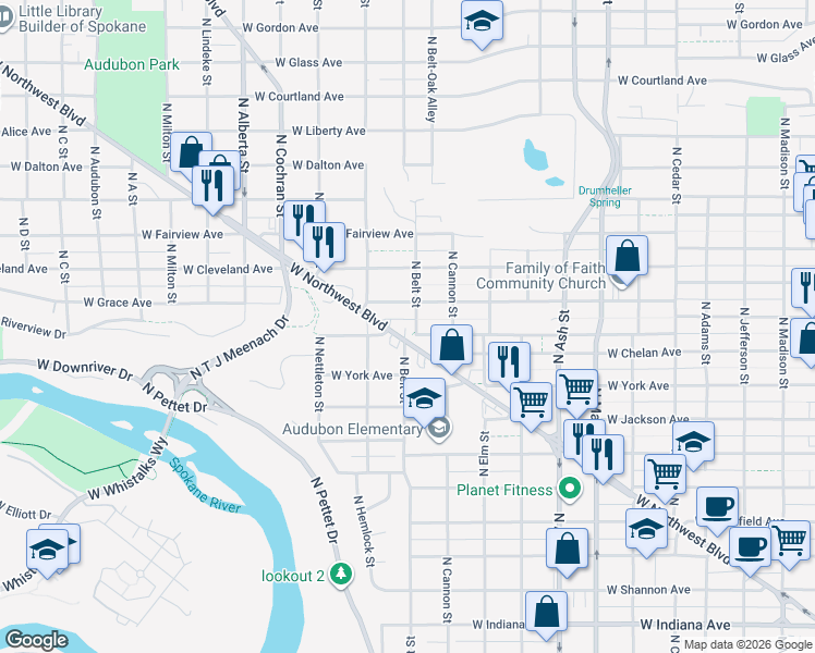 map of restaurants, bars, coffee shops, grocery stores, and more near 2076 West Grace Avenue in Spokane