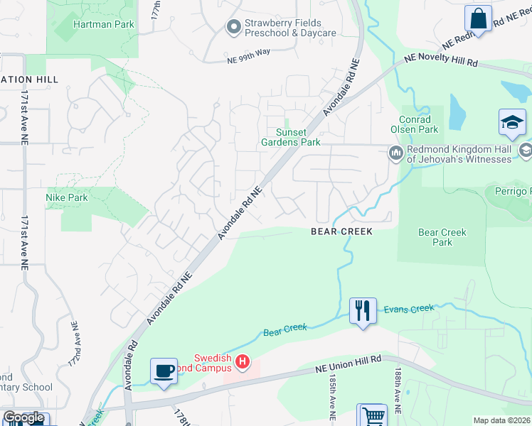 map of restaurants, bars, coffee shops, grocery stores, and more near 18200 Northeast 92nd Street in Redmond
