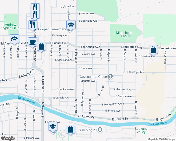 map of restaurants, bars, coffee shops, grocery stores, and more near 3711 East Grace Avenue in Spokane