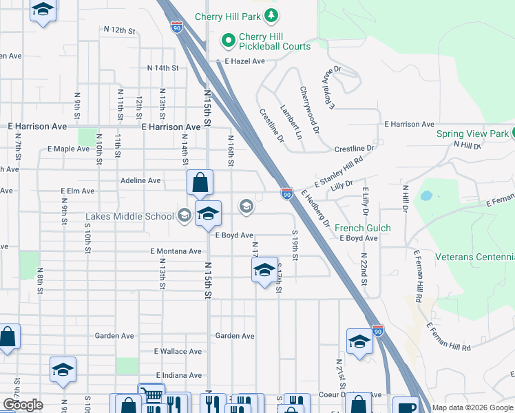 map of restaurants, bars, coffee shops, grocery stores, and more near 1626 East Elm Avenue in Coeur d'Alene
