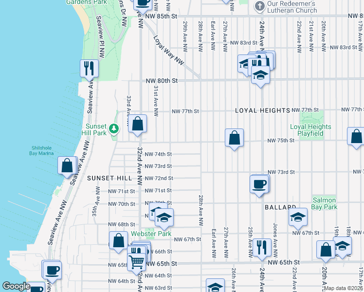 map of restaurants, bars, coffee shops, grocery stores, and more near 7510 29th Avenue Northwest in Seattle