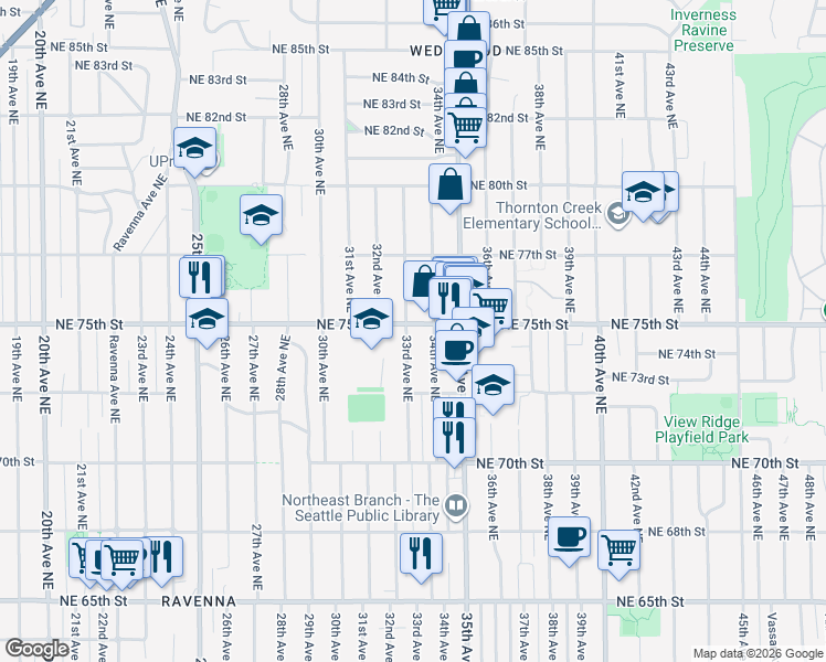 map of restaurants, bars, coffee shops, grocery stores, and more near 7358 33rd Avenue Northeast in Seattle