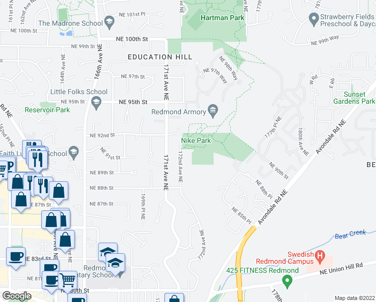 map of restaurants, bars, coffee shops, grocery stores, and more near 9106 172nd Avenue Northeast in Redmond