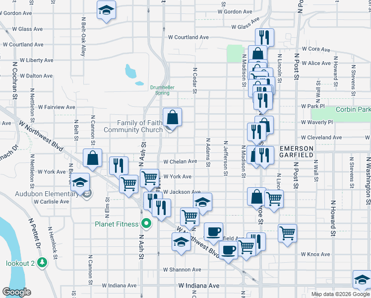 map of restaurants, bars, coffee shops, grocery stores, and more near 1423 West Grace Avenue in Spokane