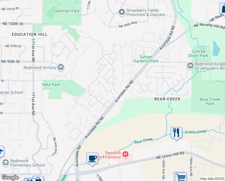 map of restaurants, bars, coffee shops, grocery stores, and more near 17912 Northeast 93rd Way in Redmond
