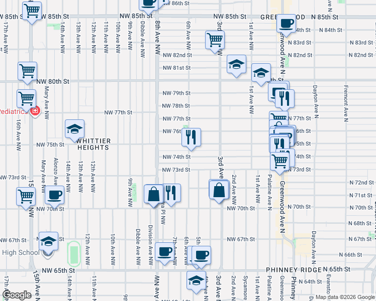 map of restaurants, bars, coffee shops, grocery stores, and more near 614 Northwest 75th Street in Seattle
