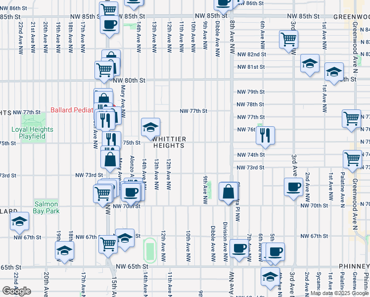 map of restaurants, bars, coffee shops, grocery stores, and more near in Seattle
