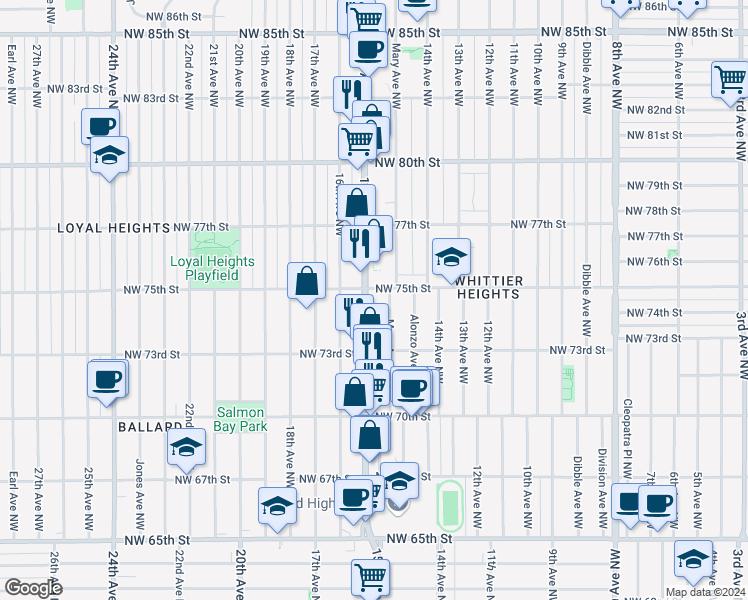 map of restaurants, bars, coffee shops, grocery stores, and more near 1482 Northwest 75th Street in Seattle