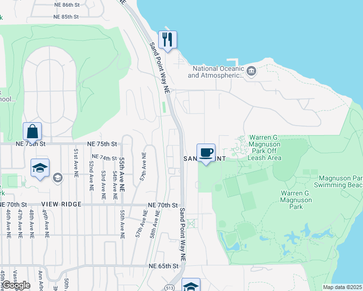 map of restaurants, bars, coffee shops, grocery stores, and more near Sand Point Way NE & NE 75th St in Seattle
