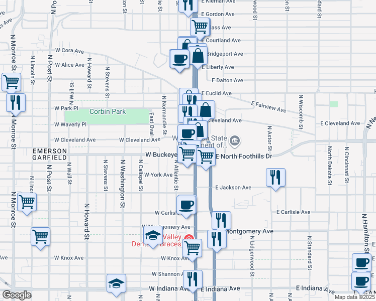 map of restaurants, bars, coffee shops, grocery stores, and more near 2728 North Atlantic Street in Spokane