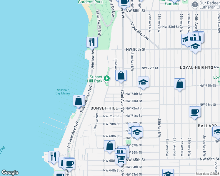 map of restaurants, bars, coffee shops, grocery stores, and more near 7506 34th Avenue Northwest in Seattle