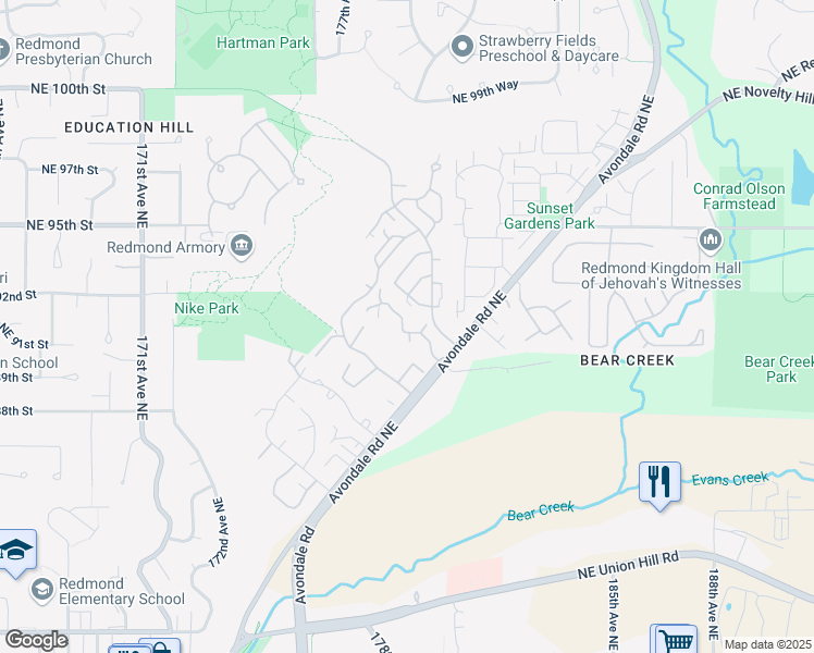 map of restaurants, bars, coffee shops, grocery stores, and more near 9009 Avondale Road Northeast in Redmond