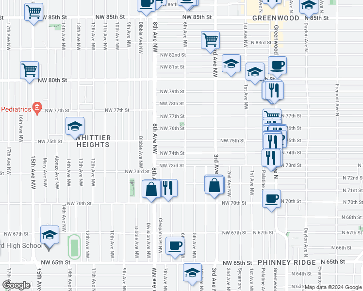map of restaurants, bars, coffee shops, grocery stores, and more near 7415 6th Avenue Northwest in Seattle