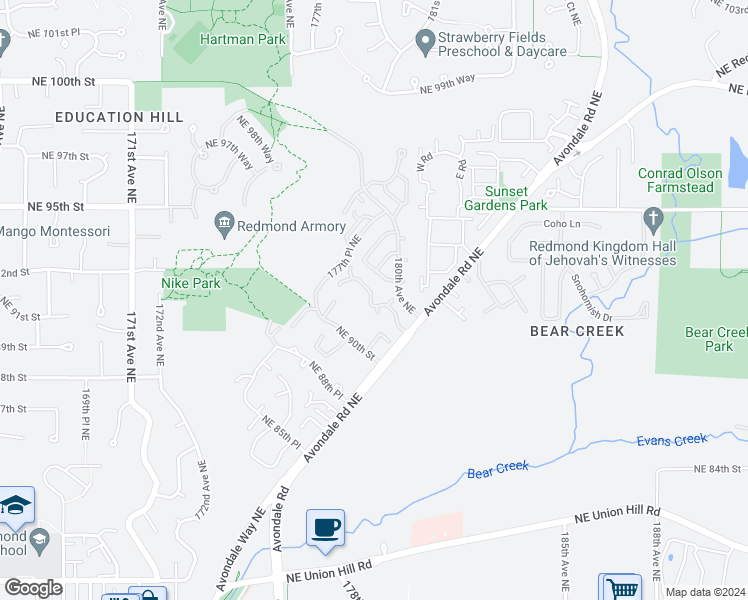 map of restaurants, bars, coffee shops, grocery stores, and more near 17912 Northeast 93rd Way in Redmond
