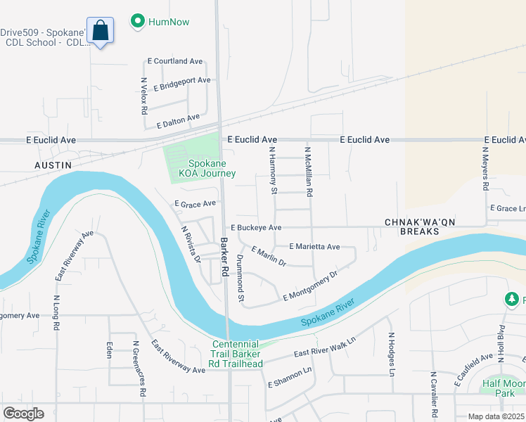map of restaurants, bars, coffee shops, grocery stores, and more near 2915 North Harmony Street in Spokane Valley
