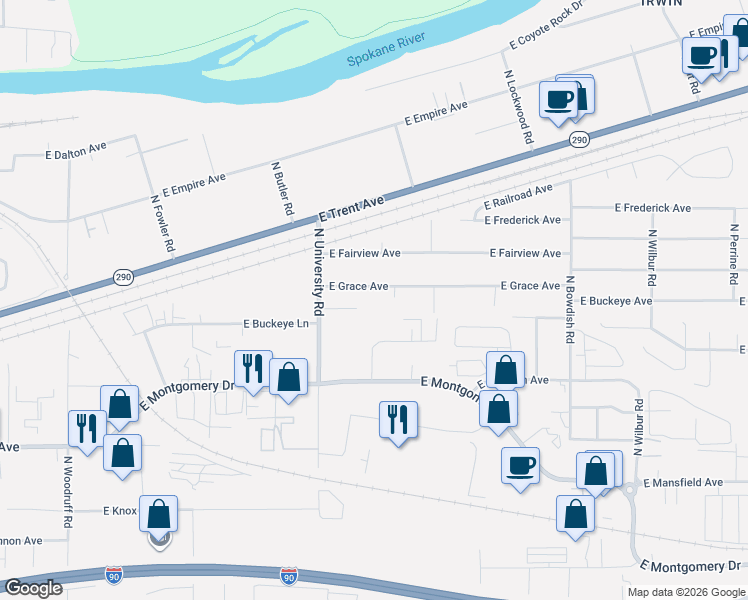 map of restaurants, bars, coffee shops, grocery stores, and more near 10805 East Grace Avenue in Spokane Valley