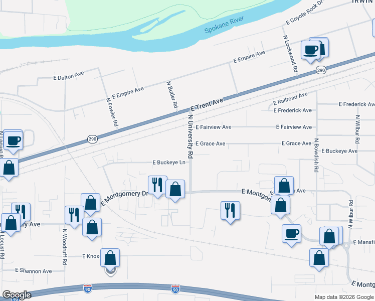 map of restaurants, bars, coffee shops, grocery stores, and more near 2820 North University Road in Spokane Valley