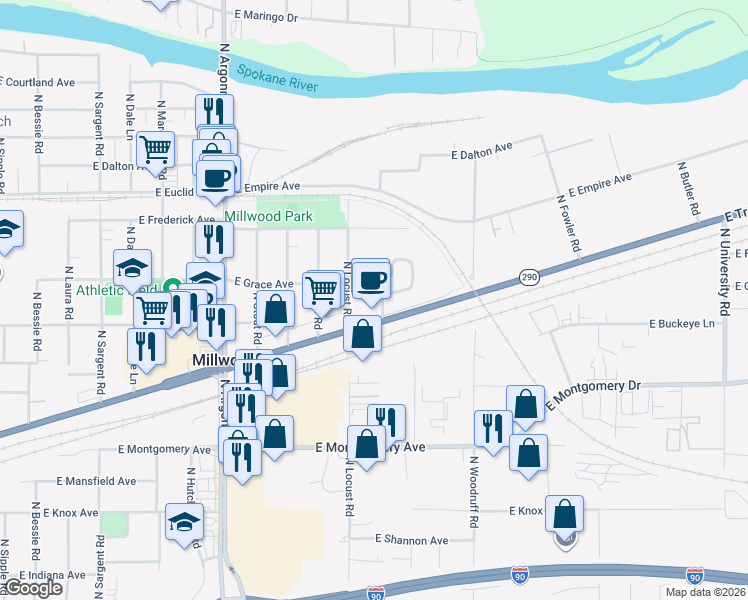 map of restaurants, bars, coffee shops, grocery stores, and more near 2901 North Boeing Road in Spokane