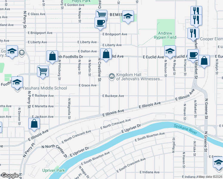 map of restaurants, bars, coffee shops, grocery stores, and more near 2801 North Lee Street in Spokane
