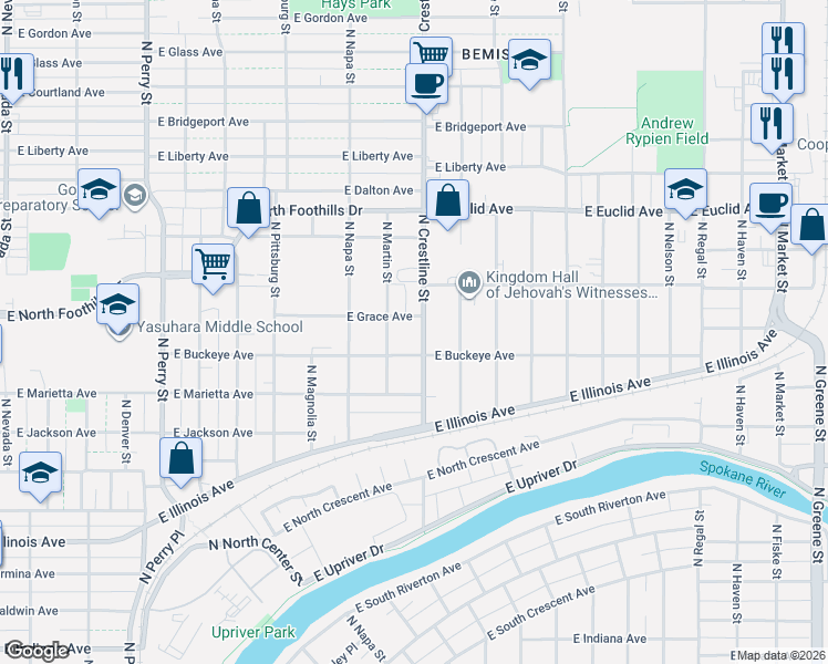 map of restaurants, bars, coffee shops, grocery stores, and more near 2017 East Grace Avenue in Spokane