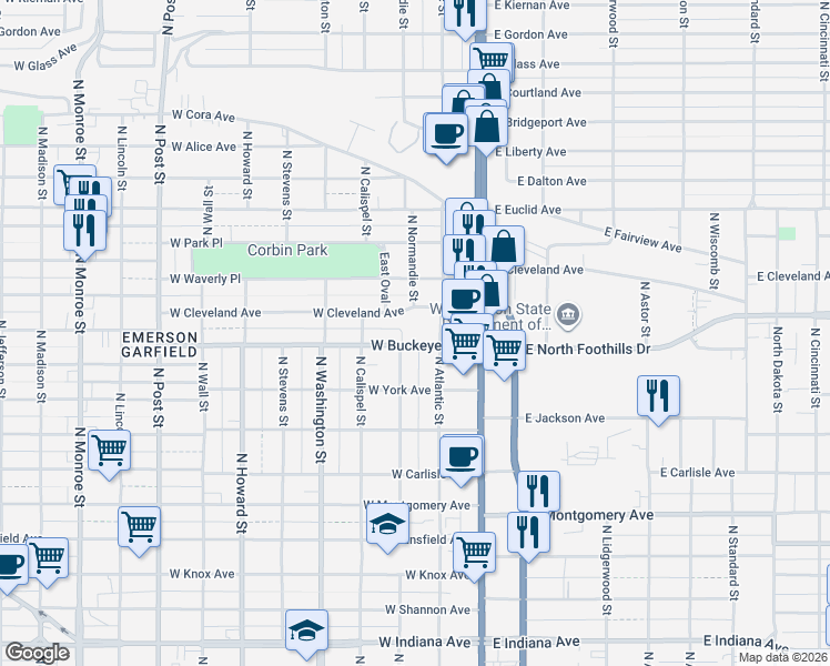 map of restaurants, bars, coffee shops, grocery stores, and more near 203 West Cleveland Avenue in Spokane