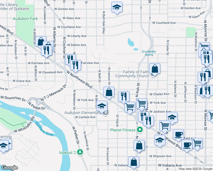 map of restaurants, bars, coffee shops, grocery stores, and more near 1926 West Grace Avenue in Spokane